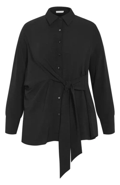 City Chic Telia Tie Waist Button-up Shirt In Black
