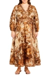 City Chic The Maddie Print Long Sleeve Wrap Maxi Dress In Brown