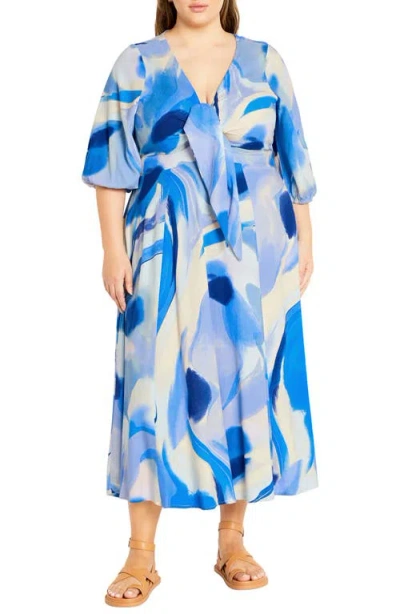 City Chic The Swirl Tie Front Midi Dress In Blue