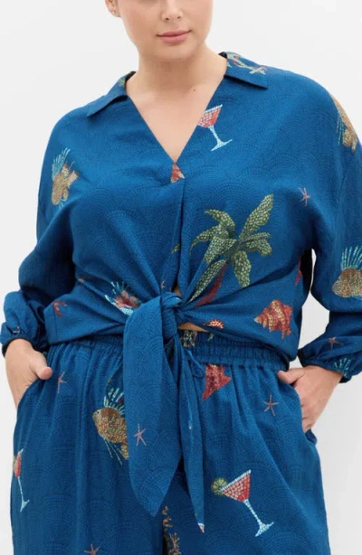City Chic Tia Oversize Tie Front Top In Blue