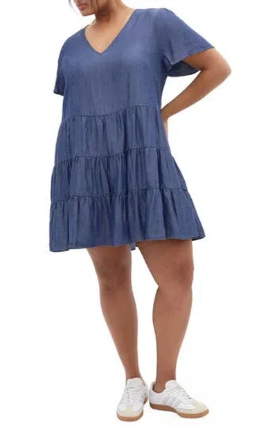 City Chic Tiered Denim Minidress In Blue