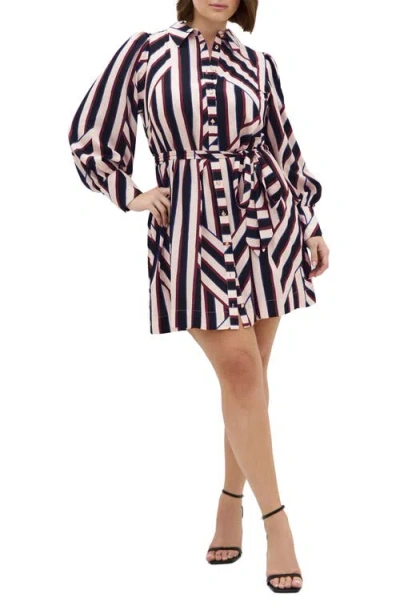 City Chic Timeless Stripe Long Sleeve Minidress In Burgundy
