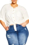 City Chic Tropical Tie Hem Button-up Shirt In White