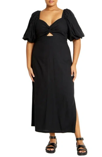 City Chic Twist Cutout Puff Sleeve Dress In Black