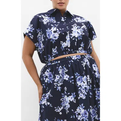 City Chic Vacay Crop Cotton Button-up Shirt In Blue