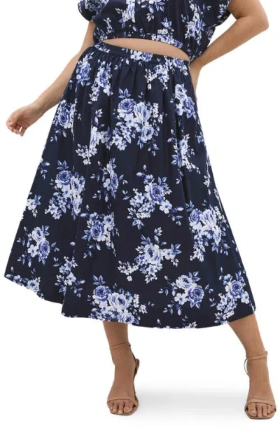 City Chic Vacay Floral Print A-line Skirt In Blue