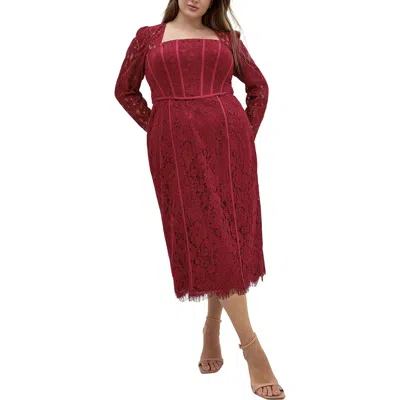 City Chic Valentine Long Sleeve Lace Dress In Burgundy