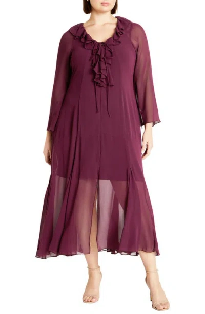 City Chic Vamp Ruffle Long Sleeve Maxi Dress In Plum