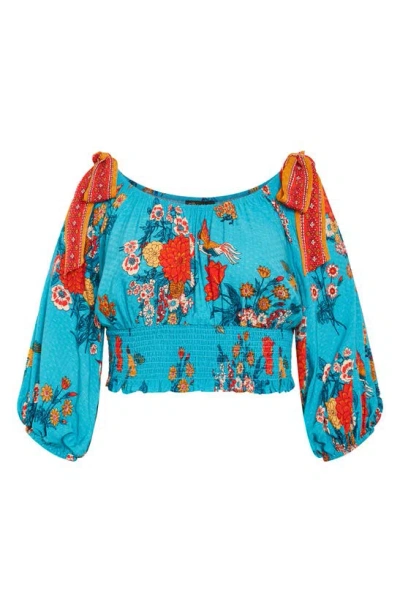City Chic Venice Floral Print Smocked Waist Top In Jade