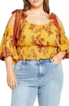 City Chic Venice Floral Print Smocked Waist Top In Sunflower