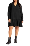 City Chic Laylo Ruffle Hem Long Sleeve Dress In Black