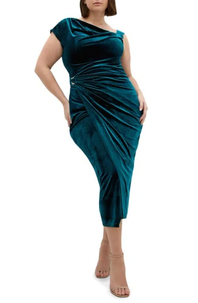 City Chic Vivi Asymmetric Velour Sheath Dress In Blue