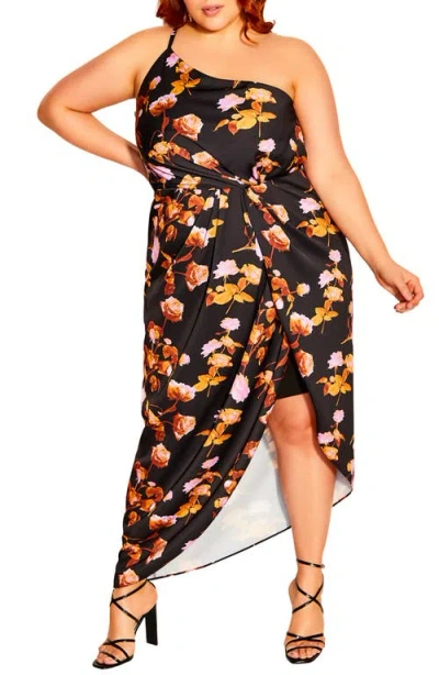 City Chic Vivid Floral One-shoulder Dress In Multi