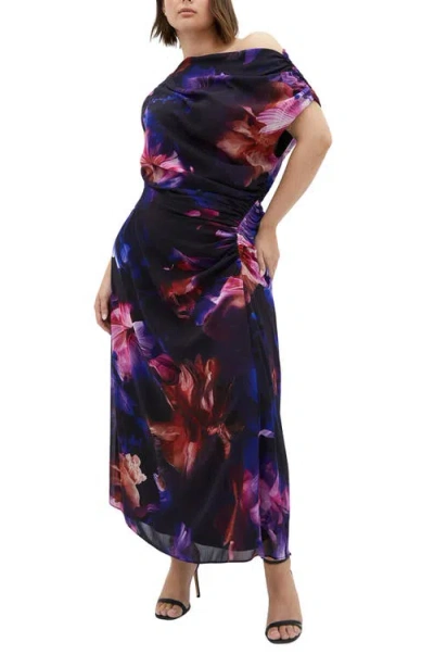 City Chic Vivid Floral One-shoulder Maxi Dress In Blue