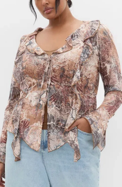 City Chic Vivid Mesh Ruffle Top In Multi