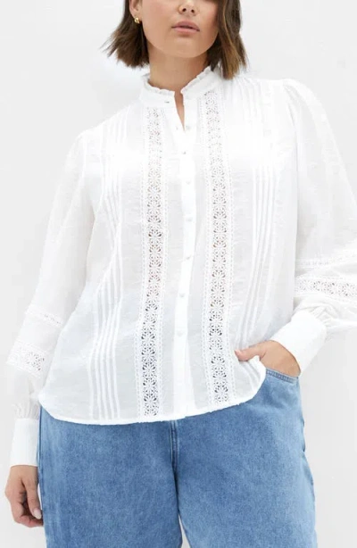 City Chic Whimsical Lace & Pintuck Shirt In Cream
