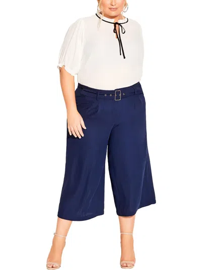 City Chic Womens Belted Polyester Wide Leg Pants In Blue