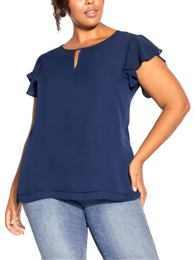 City Chic Womens Keyhole Flutter Sleeve Blouse In Blue