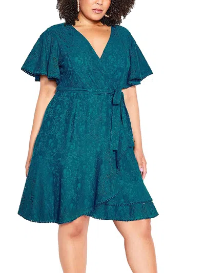 City Chic Womens Lace Short Fit & Flare Dress In Blue