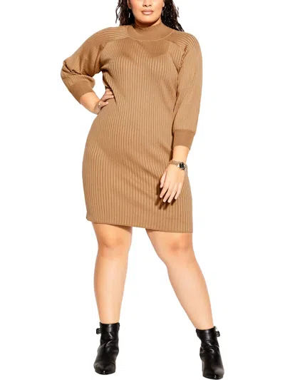 City Chic Womens Ribbed Knit Sweaterdress In Brown
