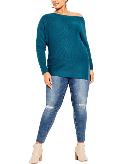 City Chic Womens Ribbed Top Pullover Sweater In Blue