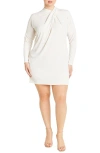 City Chic Wrap Neck Long Sleeve Minidress In Cream