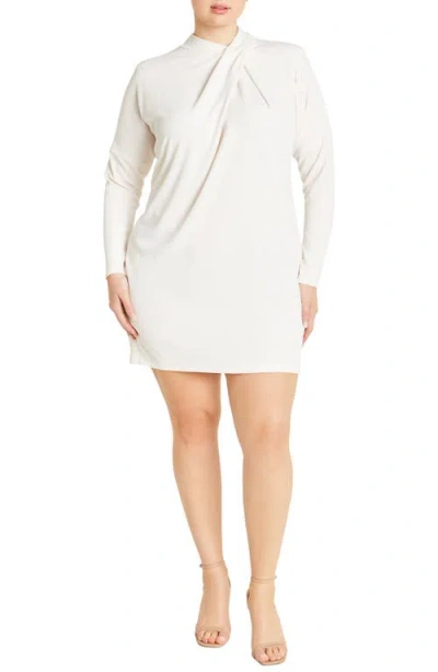 City Chic Wrap Neck Long Sleeve Minidress In Cream