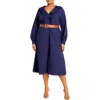 City Chic Zoe Belted Long Sleeve Dress In Navy