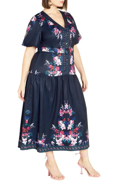 City Chic Zuri Floral Belted Midi Dress In Navy Lotte Border | ModeSens