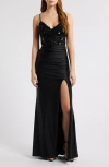 City Studio Beaded Bodice Front Slit Gown In Black