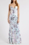 City Studio Floral Print Sequin Dress In White Aqua Lilac