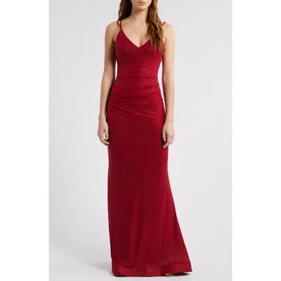 City Studio Glitter Strappy Horsehair Hem Gown In Red
