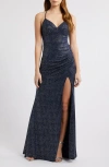 City Studio Glitter Swirl Strappy Dress In Navy Silver