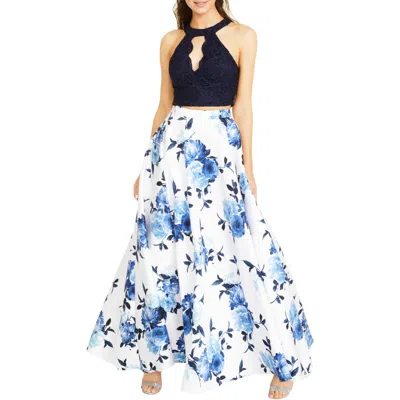 City Studio Juniors Womens Floral Flyaway Two Piece Dress In Blue