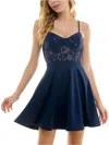 City Studio Juniors Womens Lace Illusion Fit & Flare Dress In Blue