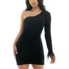 City Studio Juniors Womens One Shoulder Feather Trim Cocktail And Party Dress In Black