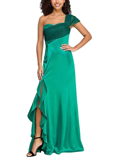 City Studio Juniors Womens One Shoulder Ruffled Evening Dress In Blue