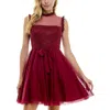 City Studio Juniors Womens Ruffled Mesh Fit & Flare Dress In Red