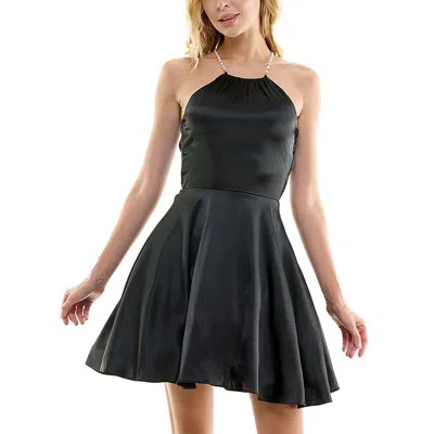 City Studio Juniors Womens Satin Faux Pearls Fit & Flare Dress In Black