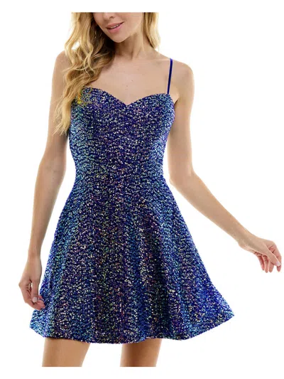 City Studio Juniors Womens Sequined Mini Fit & Flare Dress In Blue