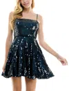 City Studio Juniors Womens Sequined Mini Fit & Flare Dress In Blue