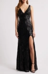 City Studio Royal Sequin Side Slit Gown In Black