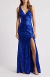 City Studio Royal Sequin Side Slit Gown In Royal Blue