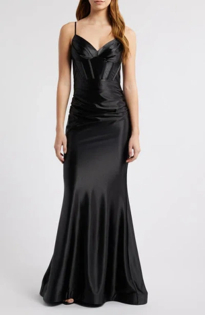 City Studio Satin Trumpet Dress In Black