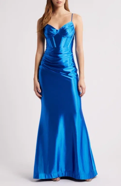 City Studio Satin Trumpet Dress In Saphire