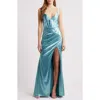 City Studio Side Slit Satin Dress In Aqua