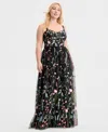 City Studios Created For Macy's,  Trendy Plus Size Embroidered Tulle Corset Gown In Black