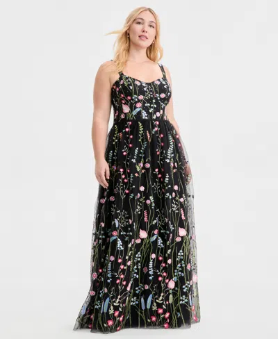 City Studios Created For Macy's,  Trendy Plus Size Embroidered Tulle Corset Gown In Black