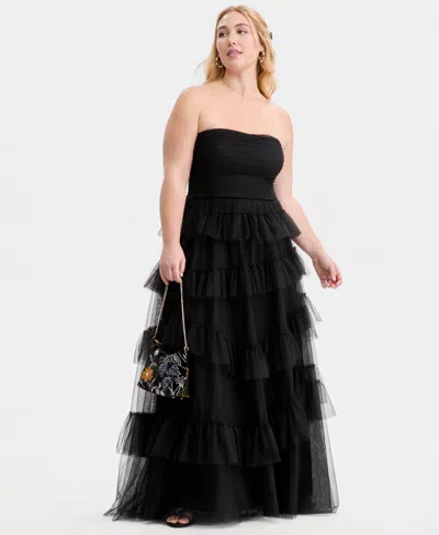 City Studios Created For Macy's,  Trendy Plus Size Tulle Ruffle Strapless Gown In Black