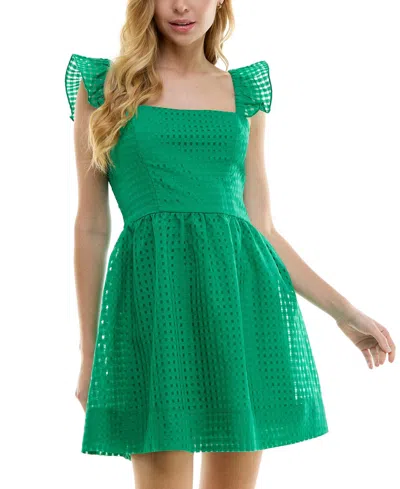 City Studios Junior's Embroidered Windowpane Fit & Flare Dress In Emerald